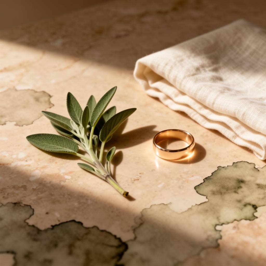 A calm, warm invitation — sage, linen and gold on porcelain stone